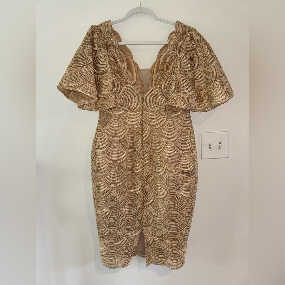 Tarik Ediz Gold Sheath Dress with Plunge Neckline